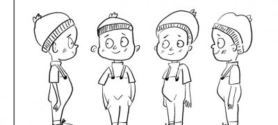 Character design for body. Four illustrations of a young person in a bobble hat and dungarees showing them facing left, then forward, then slightly to the right, then fully facing right.