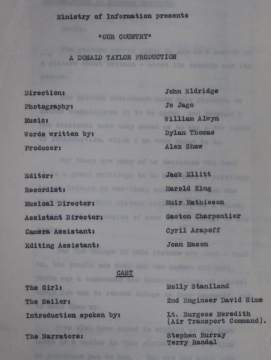 A typed production document listing the cast and crew of a 1944 Ministry of Information film called Our Country, narrated by Dylan Thomas (document reference INF 6/630).