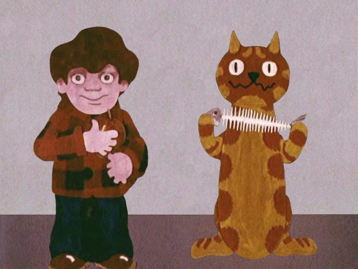 A cartoon still showing a young boy stood next to his cat from one of a series of animated public information films, known as the 'Charley Says' films, produced by the Central Office of Information. 