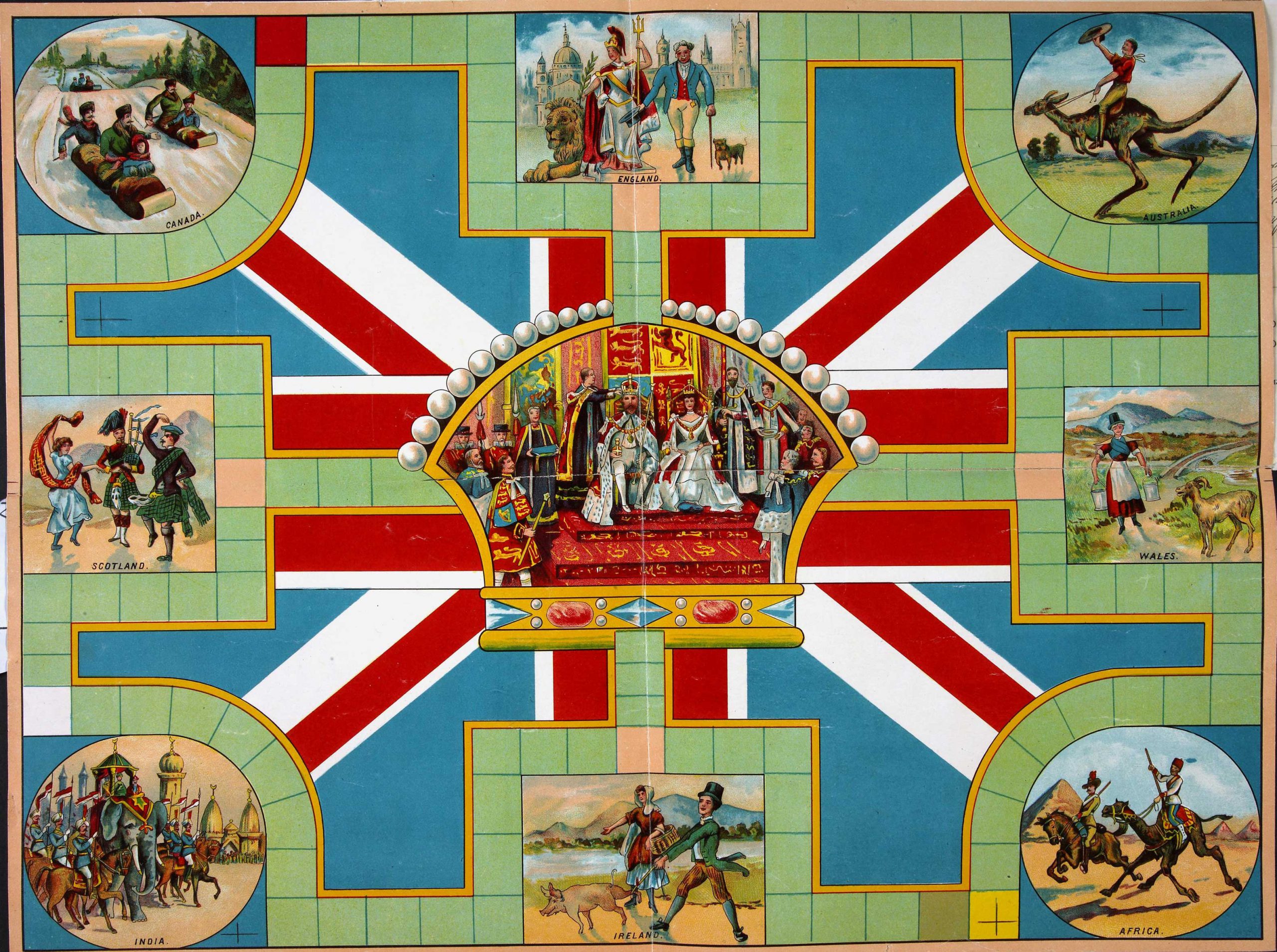 Board game with an image of King Edward VII and Queen Alexandra in the centre. Images of people in different places sit around the edges of the game, labelled: England, Australia, Wales, Africa, Ireland, India, Scotland, Canada.