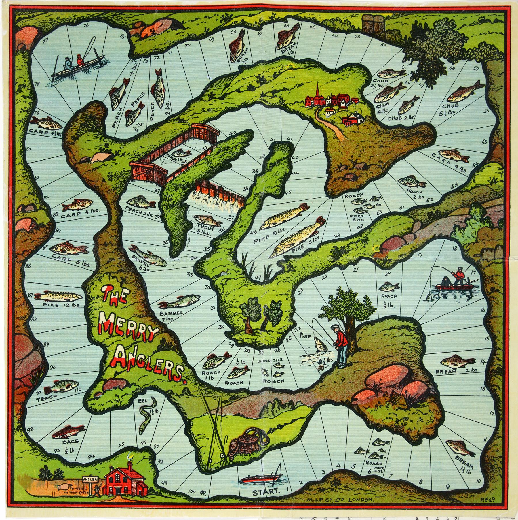 Board game in which a winding trail goes all around the board. It looks like a river and has images of different fish along the way.
