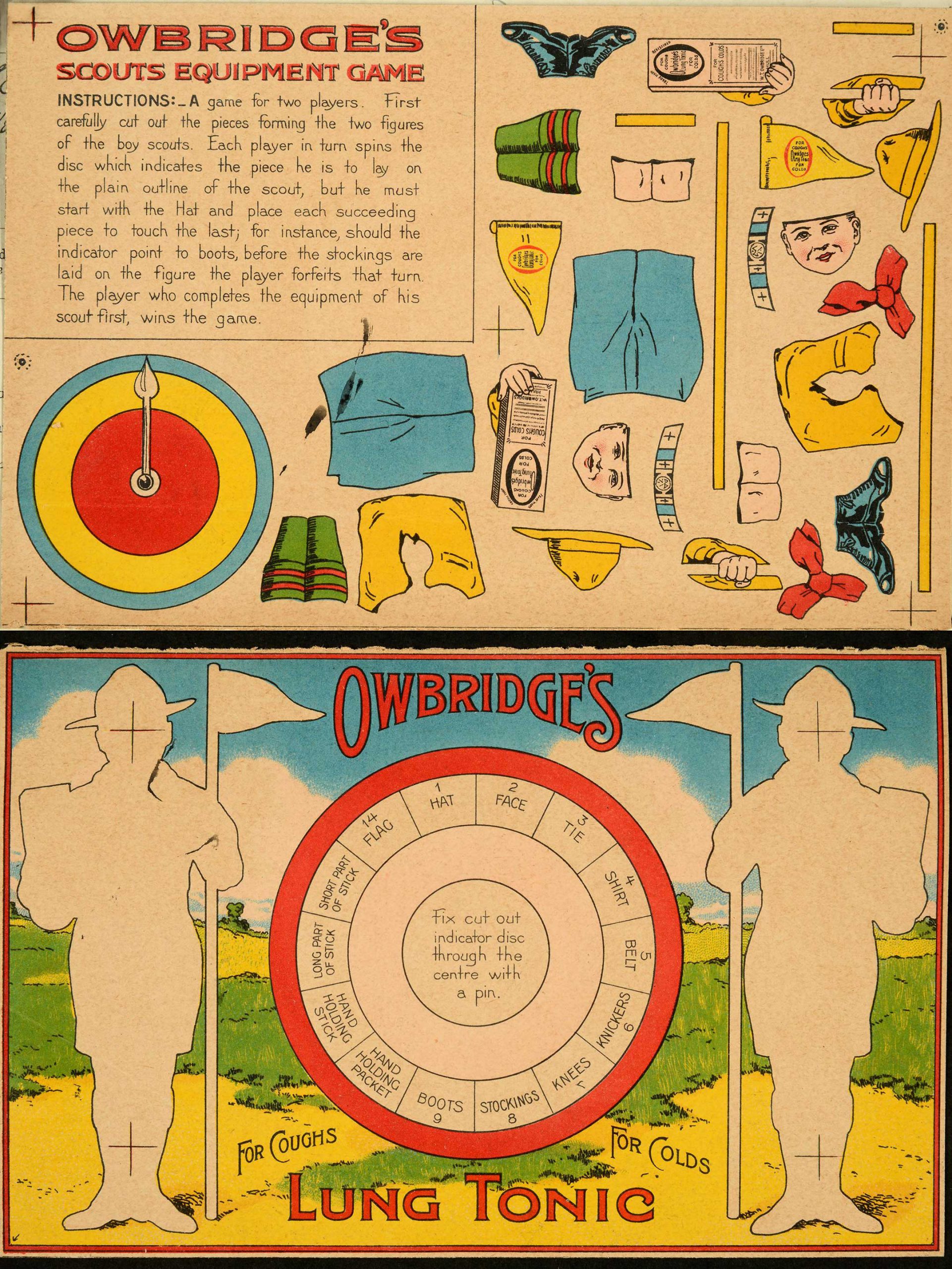 Game in which one half has different faces and clothing that can be cut out, and the second half has a wheel and two empty figures.