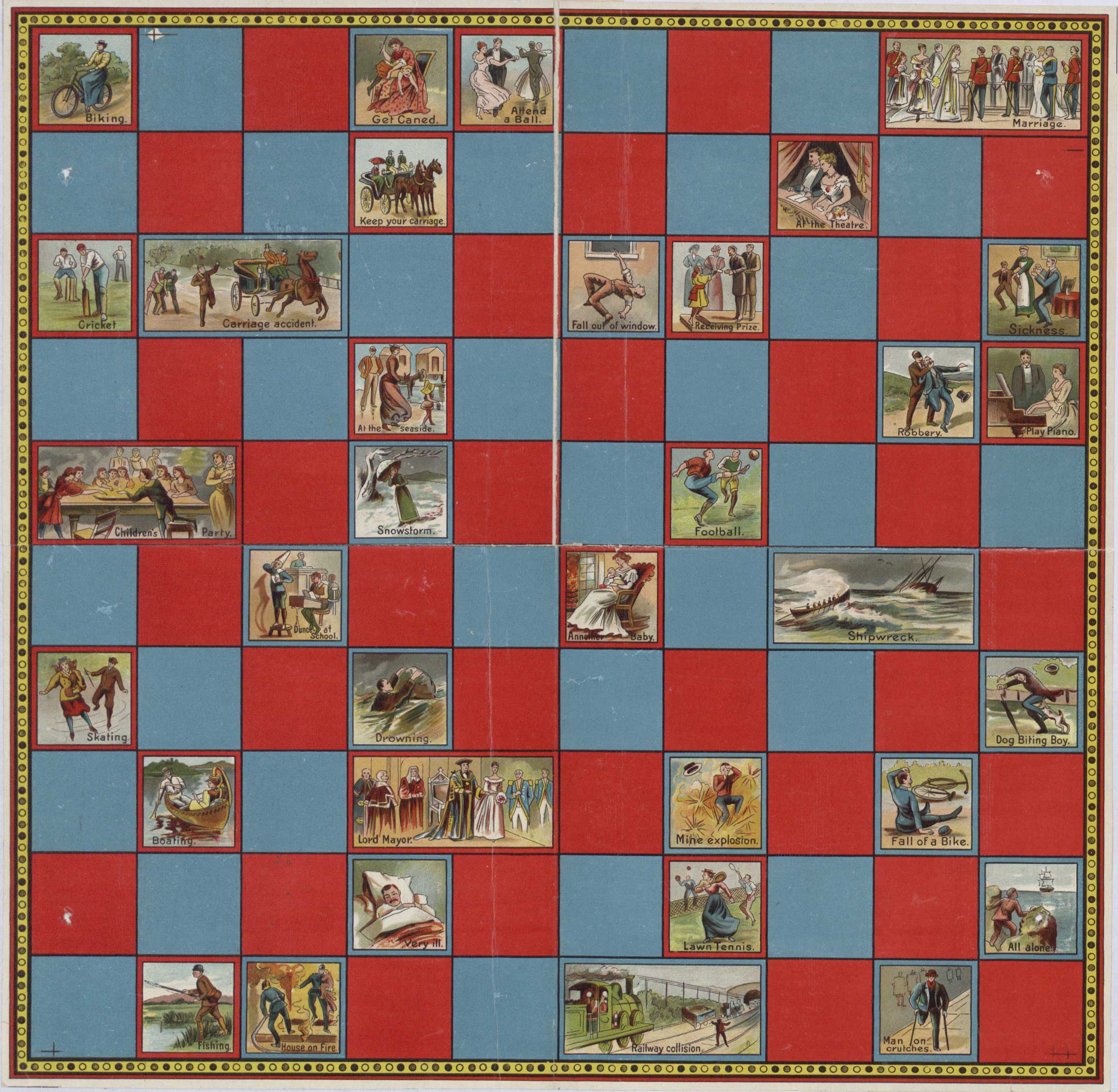 A game with a chequered surface of red and blue squares. Intermittent squares show illustrations of people doing different activities including ‘biking’, ‘get caned’, and ‘attend a ball’.