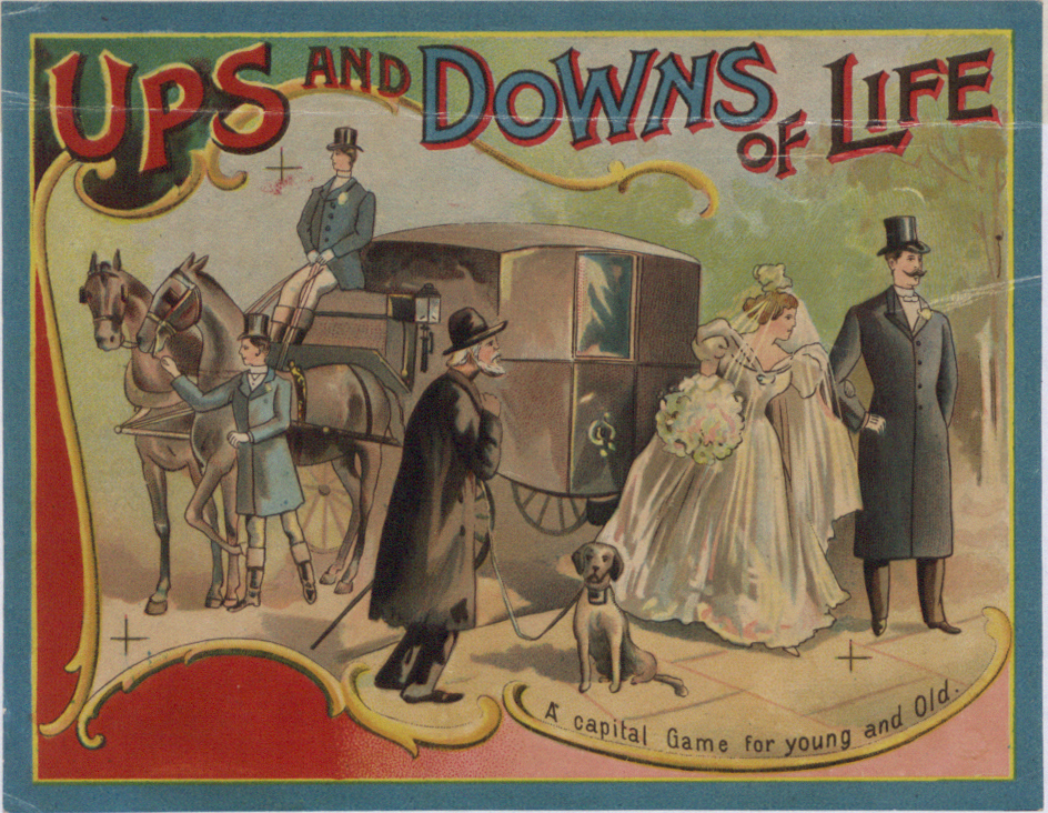 Board game cover showing a young newly-wed couple coming out of a carriage next to an old man with a dog.