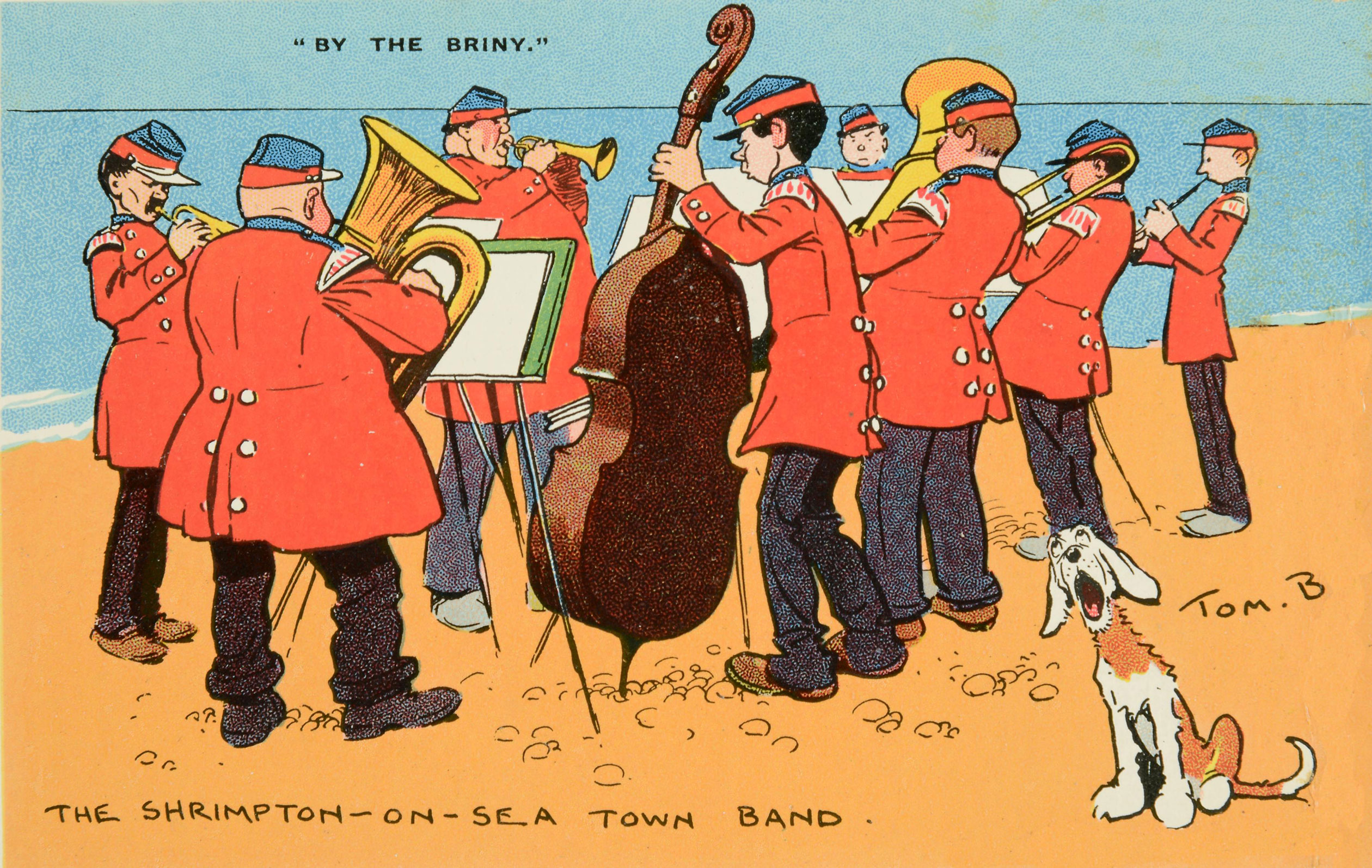 Illustration of a band in red uniforms playing on the beach above the caption ‘The Shrimpton-On-Sea town band’.