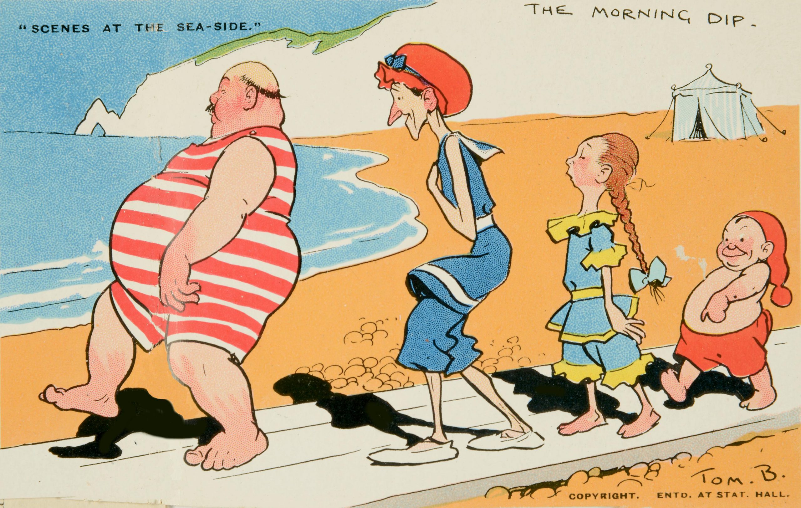 Cartoon of four people walking along a wooden walkway on a beach. Teach says ‘Scenes at the Sea-side’ and ‘The Morning Dip’.