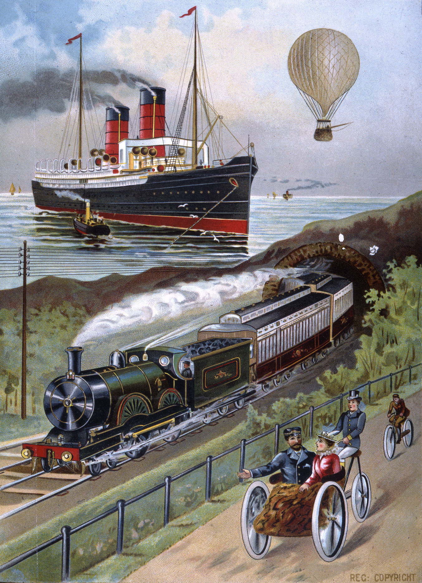 Poster featuring a hot air balloon in the sky, a ship on the ocean, a steam train going through a tunnel, and people biking on a road.