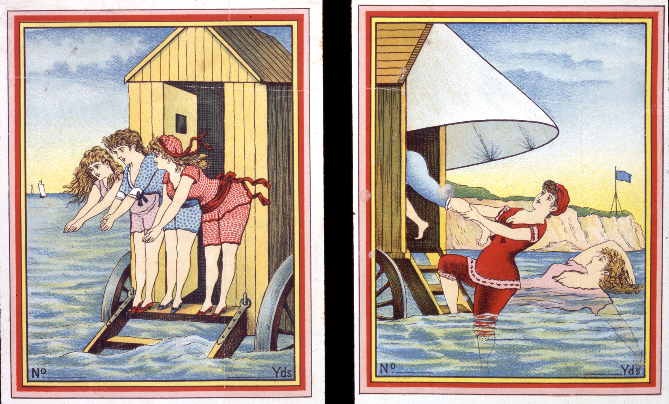 Two illustrations, one showing three women about to dive into the water from a wooden cart, and the other showing a woman in the water holding onto another woman’s leg that sticks out from a cart. Another woman behind her floats in the water.