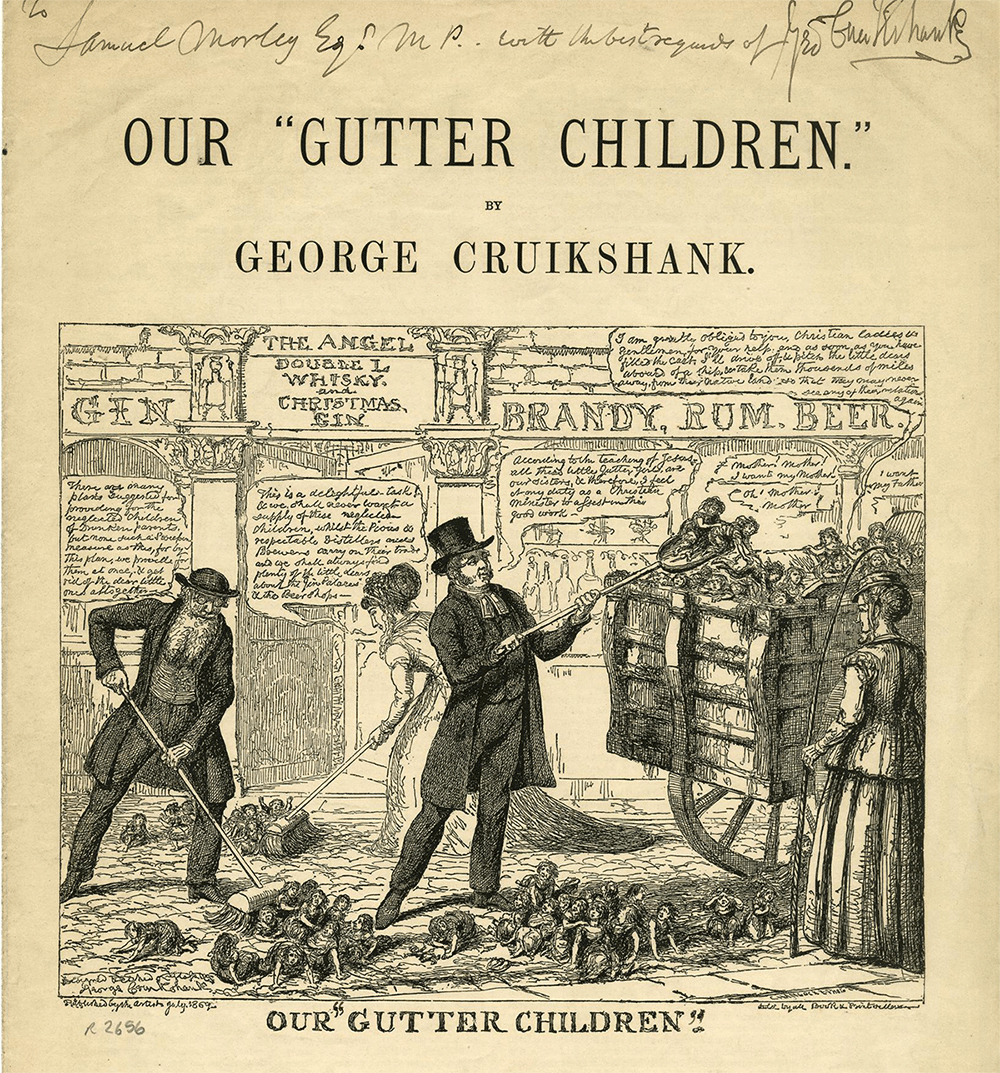 Illustration of a man in a top hat using a shovel to lift small children from the street into a cart. He is joined by a man and a woman who use brooms to the sweep the children into piles on the road.