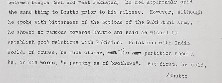 Detail of a file describing Mujibur Rahman's attitude towards Pakistan and describing the partition as 'a parting of brothers'.