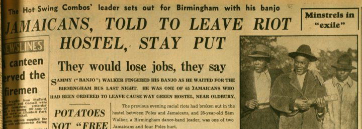 Detail from a newspaper with a headline reading 'Jamaicans, told to leave riot hostel, stay put'.