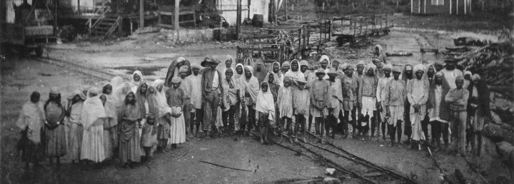 Monochrome photograph of dozens of of Indian labourers standing in a row and looking at the camera.
