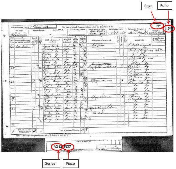 An image of a census page. The National Archives reference for this page, from the 1891 census, is RG 12/1822, Folio 156, Page 5.