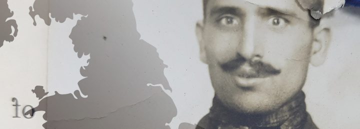 Banner in which a monochrome photograph of a South Asian man is superimposed next to a map of Great Britain.