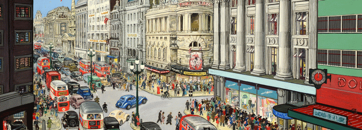 Illustration of a West London high street in the 1940s. The street is filled with cards, buses, and people walking on the sidewalk.