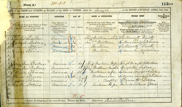 Image of the completed census form recording the crew of the HMS Beagle (catalogue reference RG 9/1085).