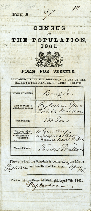 A pre-printed form on a narrow strip of paper with handwriting filling pre-printed boxes. This is an example of a census form for vessels. This one was used for the 1861 census to record the crew of the HMS Beagle (catalogue reference RG 9/1085).
