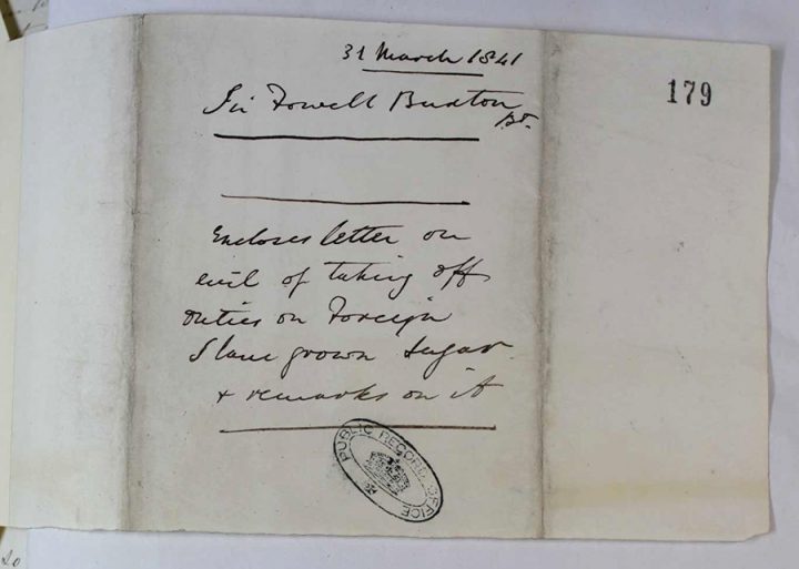 A scrawled note reading 'encloses letter on evil of taking off duties on foreign slave grown sugar + remarks on it'.