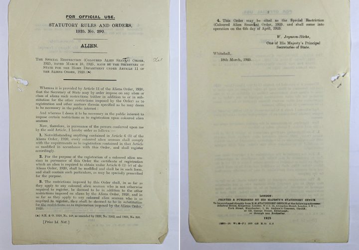 Document titled 'For Official Use, Statutory Rules and Orders, 1925, No. 290. Alien.' The document goes through certain restrictions placed upon the registration of immigrants.