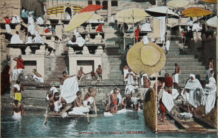 This colour photograph of people bathing in the Ganges in Benares was registered in 1907 in the name of Walter Meakin. It's listed in our catalogue as a photograph and as a 'coloured postcard' (catalogue reference COPY 1/514/30).