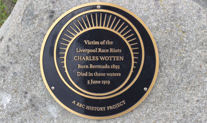 Memorial plaque with the text 'Victim of the Liverpool Race Riots CHARLES WOTTEN Born Bermuda 1895 Died in these water 5 June 1919'
