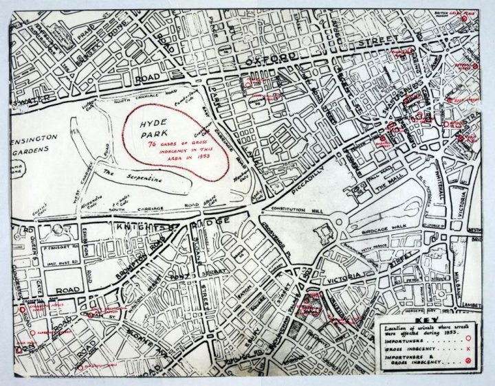 Image of a Metropolitan Police map of Hyde Park, London, showing the location of urinals where arrests were made for importuning and gross indecency during 1953 (HO 345/7)