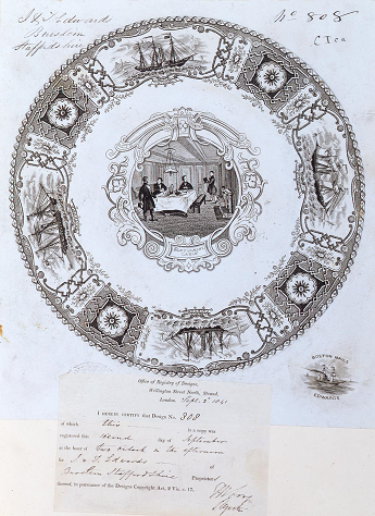 This representation for a plate design (catalogue reference BT 42/4/808), depicting boats and patterns on the rim of the plate and men at a dining table in the middle, registered in 1841, was classified as 'other than paper hangings'. The registration certificate is pasted below the representation.