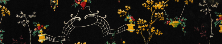 A printed fabric design of delicate flowers and a sketched garden arch against a black background, registered in 1882 (catalogue reference BT 43/346/388554).