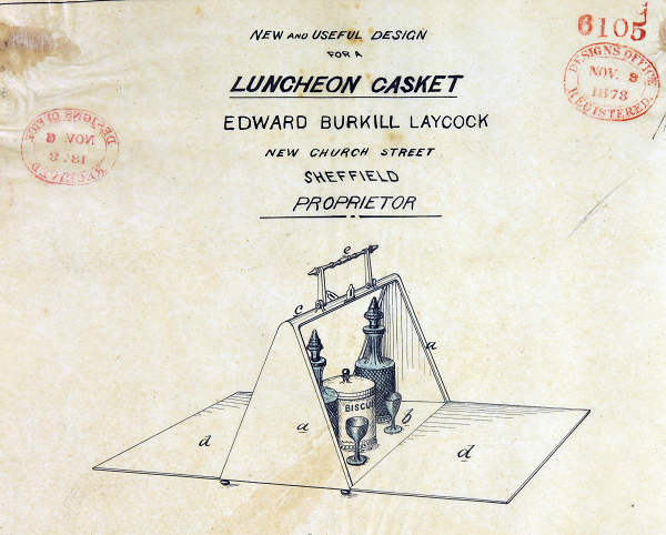 A representation for a 'luncheon casket' (a triangular box holding salt and pepper pots, a biscuit jar and eggs cups) , registered in 1878 (catalogue reference BT 45/29/6105).