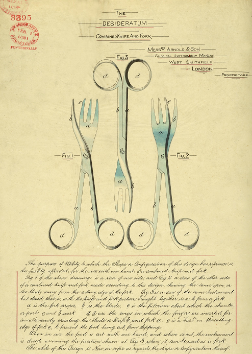 The registered design for Arnold and Son's 'Combined Knife And Fork': three images of cutlery that looks more like a pair of scissors (catalogue reference BT 47/9, registered design number 3395).