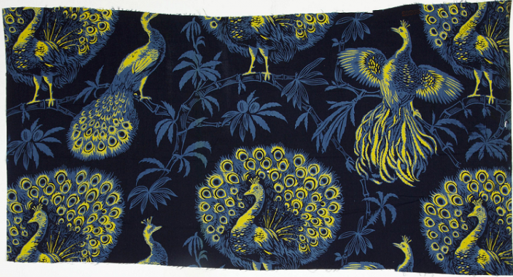 A Christopher Dresser textile design, depicting yellow and blue peacocks against a dark background, registered in 1885 (catalogue reference BT 50/30, registered design number 23268).