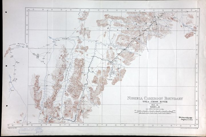 A copy of one of a number of largely colourless Colonial Office maps from 1912-1913 showing the Nigeria Cameroon boundary at the Yola Cross River. The Colonial Office is among the past government departments most likely to have kept records of international boundaries, since transferred to The National Archives.