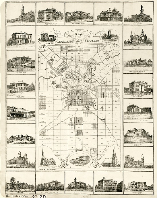 A Colonial Office map from 1880 of Adelaide and its environs, in South Australia, surrounded by images of notable buildings (catalogue reference CO 700/SOUTHAUSTRALIA29)