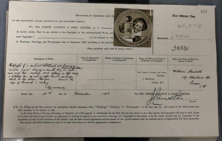 This entry form is dated 15 December 1906 and has a copy of the image being registered attached to the form. The image is a combined photograph and drawing created for an advertisement for Cadbury’s Chocolate. (catalogue reference COPY 1/504/220).