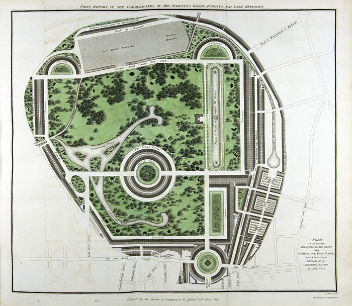 A very precisely drawn sketch of a park with paths, lawns, trees and other features depicted. This is John Nash's plan of Regent's Park, a Crown estate originally called Marylebone Park, from 1812 (catalogue reference CRES 60/2).