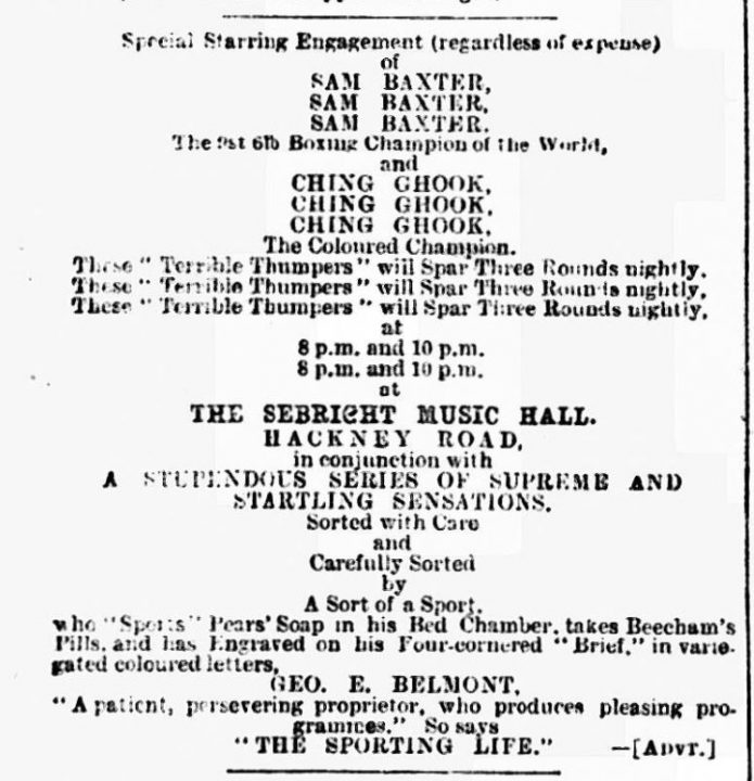 Advert for Ching Hook at the Sebright Music Hall
