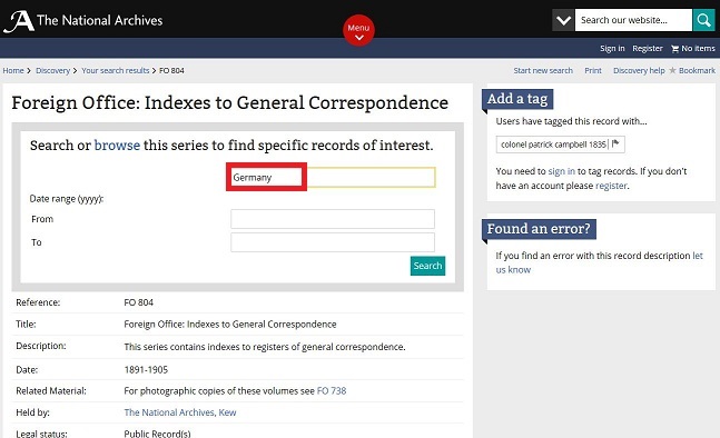 A search for the Germany index in the FO 804 series search.