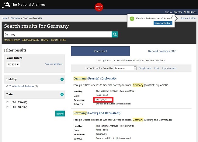 Catalogue search results page showing the results of a search for Germany in FO 804.