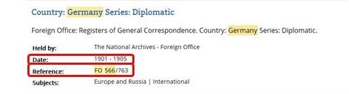 Cut-away of a catalogue search results page showing the reference for the Diplomatic register for Germany.