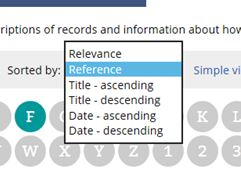 The drop down list on catalogue search results pages that allows you to sort results by reference.