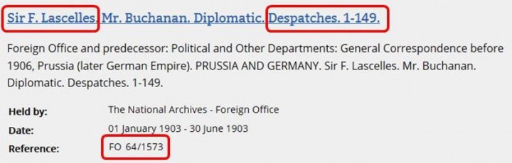 Cut-away from a search results page in the online catalogue showing the document reference for the 1903 volume of correspondence that includes Despatch 63.