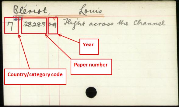 Foreign Office index card for 1909. The index reference is for correspondence about Louis Blériot's flight across the English Channel.