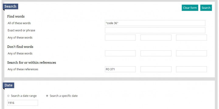 An advanced search of our catalogue for Code 36 in FO 371 covering 1916.