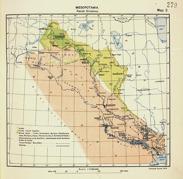 A map employed at the Paris Peace Conference in 1919, showing the ‘racial divisions’ in Mesopotamia (catalogue reference FO 608/96).
