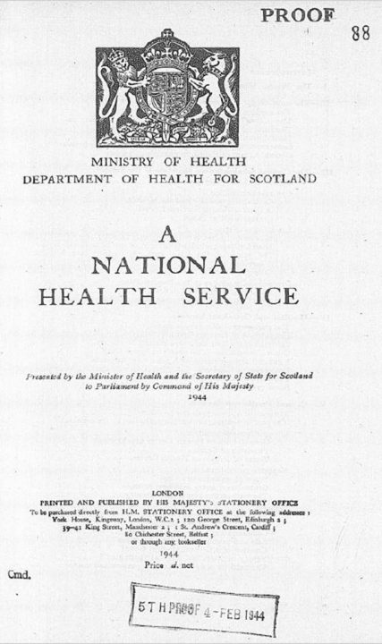 The front page, with the Crown seal at the top, of the draft of the Coalition Government’s White Paper on a National Health Service, February 1944 (catalogue reference CAB 66/46/24).