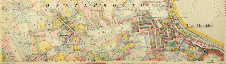 Cross section of a map of the Mumbles district and other districts in Swansea, Wales, marked up for the Valuation Office Survey (catalogue reference IR 131/9/181). The maps shows parcels of land shaded in yellow, green, pink and blue.