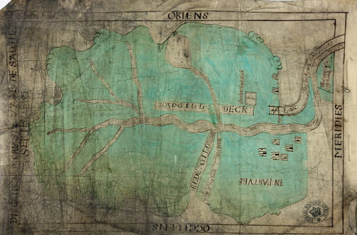 A rudimentary map on parchment depicting a large, round-edged green area with what appears to be the branches of a river coming together in the centre. This is a 16th-century depiction of areas of Nottingham (catalogue reference MPB 1/61).