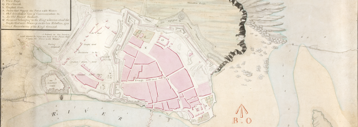 A town plan of Berwick-on-Tweed in Northumberland from 1808 (catalogue reference MPH 1/228/1). The plan shows blocks of pink representing built-up areas within a walled areas consisting of a dozen or so streets. This is a cross section of one of four sheets used for military purposes - many of our older town plans were created or acquired for military use.