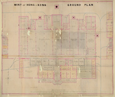A ground plan of the Hong Kong Mint from 1864 (catalogue reference MR 1/895/2-3). This comes from a Colonial Office collection.