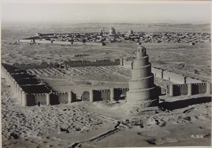 This image of Samarra in Iraq, circa 1935 (catalogue reference OS 1/384), is among a collection of aerial photographs of sites of archaeological interest in the Middle East, dated 1925-1936, sent to The National Archives from the Ordnance Survey agency. The picture shows a temple in the foreground and a walled town in the background.